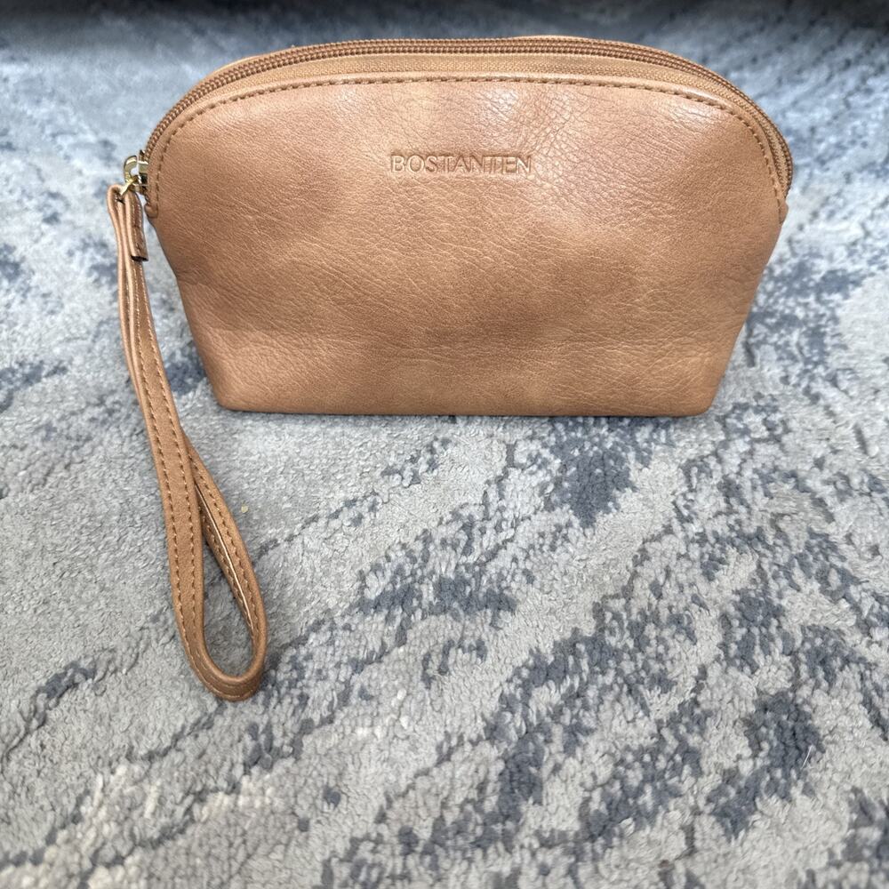 BOSTANTEN LEATHER HANDBAG WRISTLET COSMETIC BAG PURSE BROWN.